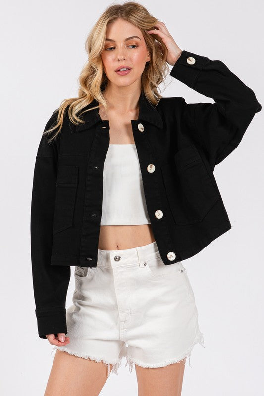 Abigail Button Down Cropped Denim Jacket with Patch Pockets