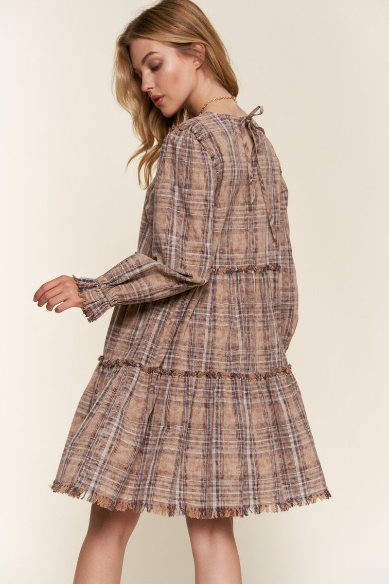 Emersyn Washed Frayed Tiered Plaid Dress