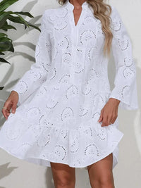 Noemi Ruffle Hem Eyelet Notched Long Sleeve Dress