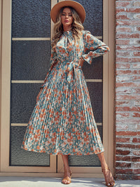 Dylan Tied Pleated Printed Mock Neck Long Sleeve Dress