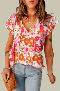 Alexia Floral Tie Neck Flutter Sleeve Blouse