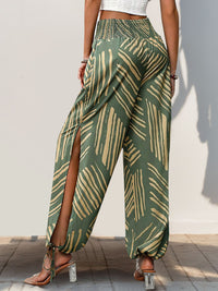 Elowyn Smocked Slit Printed High Waist Pants