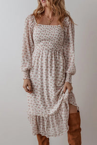 Amaya Smocked Floral Square Neck Long Sleeve Midi Dress