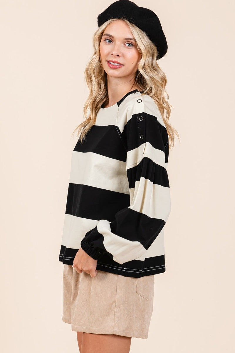 Gwen Striped Snap Shoulder Long Sleeve T-Shirt