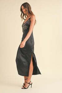 Ariah Embroidered Cami Satin Midi Slit Dress