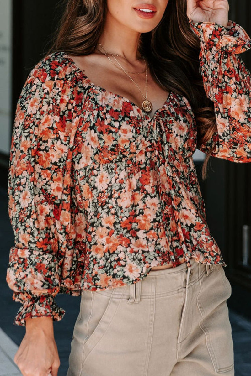 Melody Peplum Tied Flora Long Sleeve Blouse