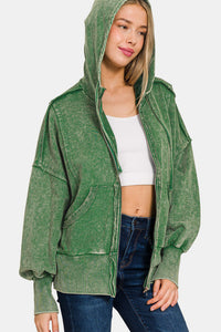 Keilani Acid Washed French Terry Zip-Up Hoodie with Pockets