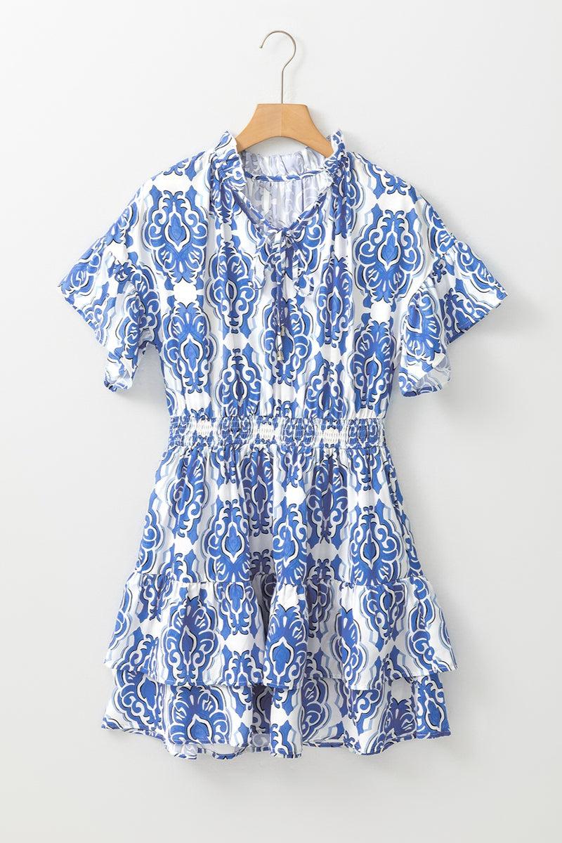 August Printed Tie Neck Short Sleeve Mini Dress