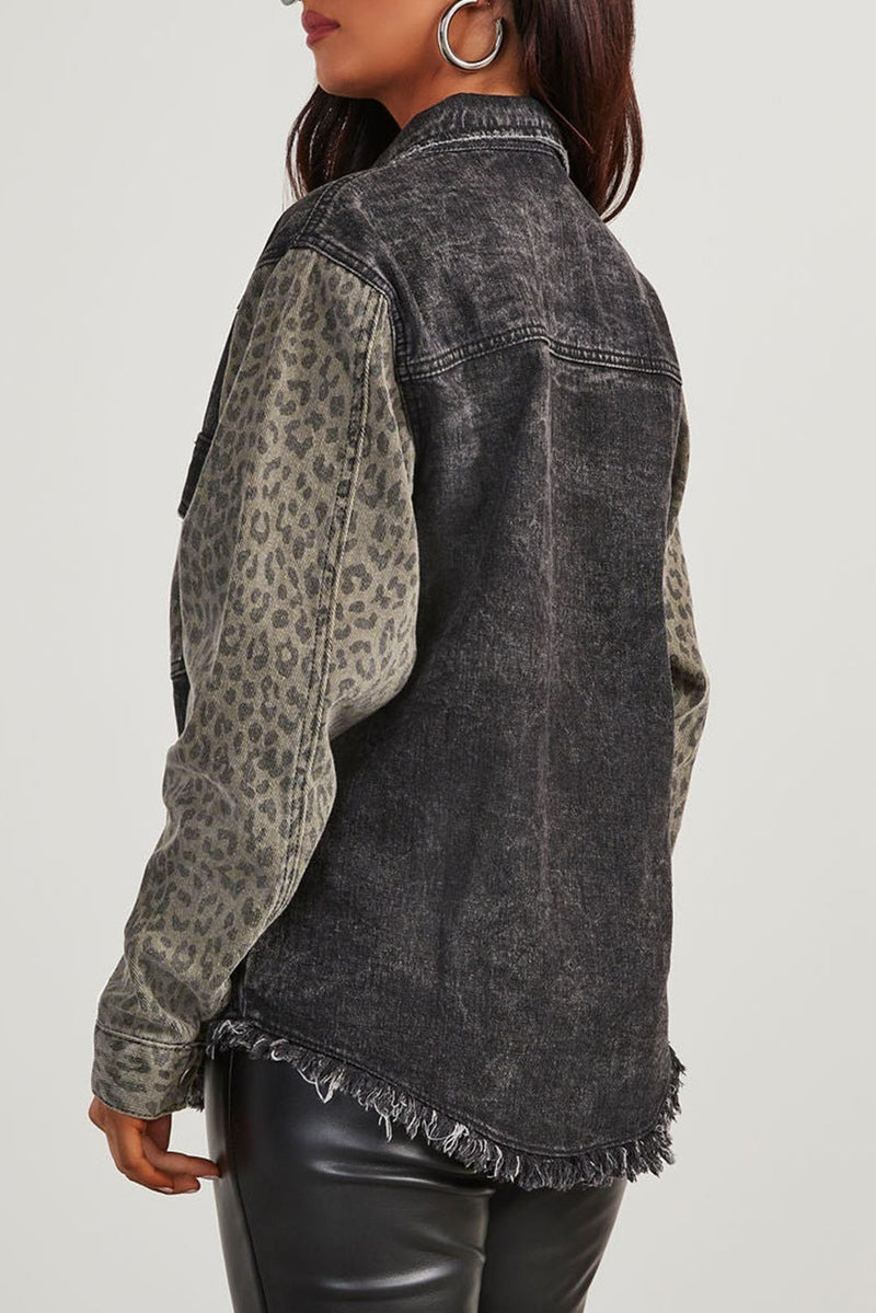 Rowyn Raw Hem Leopard Snap Down Denim Jacket