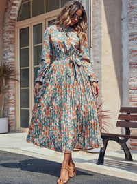 Dylan Tied Pleated Printed Mock Neck Long Sleeve Dress