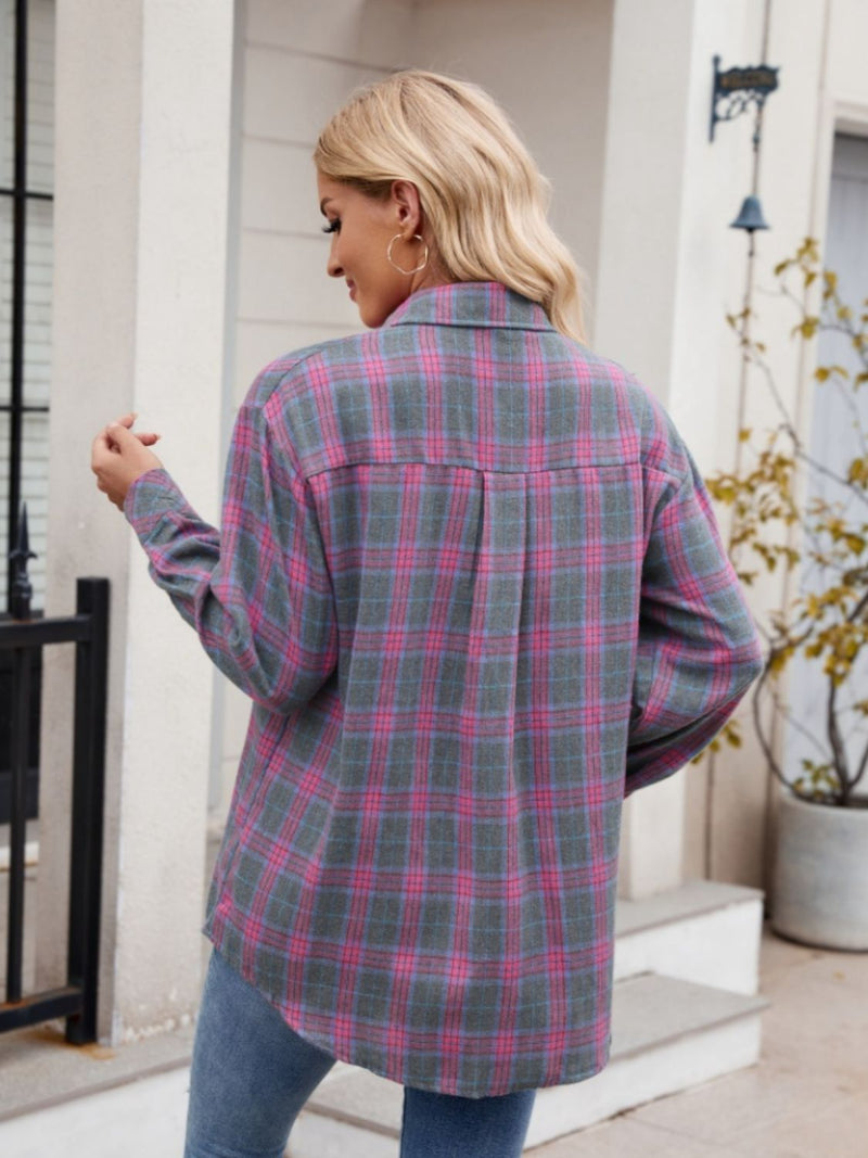 Juniper Pocketed Plaid Collared Neck Long Sleeve Shirt