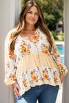 Saylor Plus Size Printed Tie Neck Long Sleeve Blouse