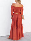 Camille Ruffle Trim Off Shoulder Long Sleeve Maxi Dress