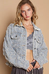 Amara Star Textured Raw Hem Long Sleeve Denim Jacket