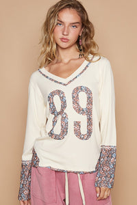 Itzel V-Neck Long Sleeve Floral Number Patch T-Shirt