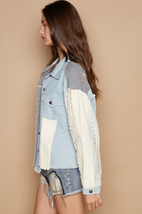 Braelyn Raw Hem Crochet Embroidery Shacket with Chest Pockets