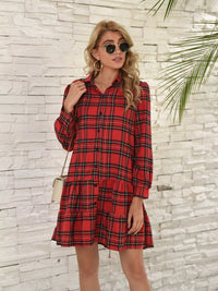 Rhea Ruffle Hem Plaid Button Down Long Sleeve Dress