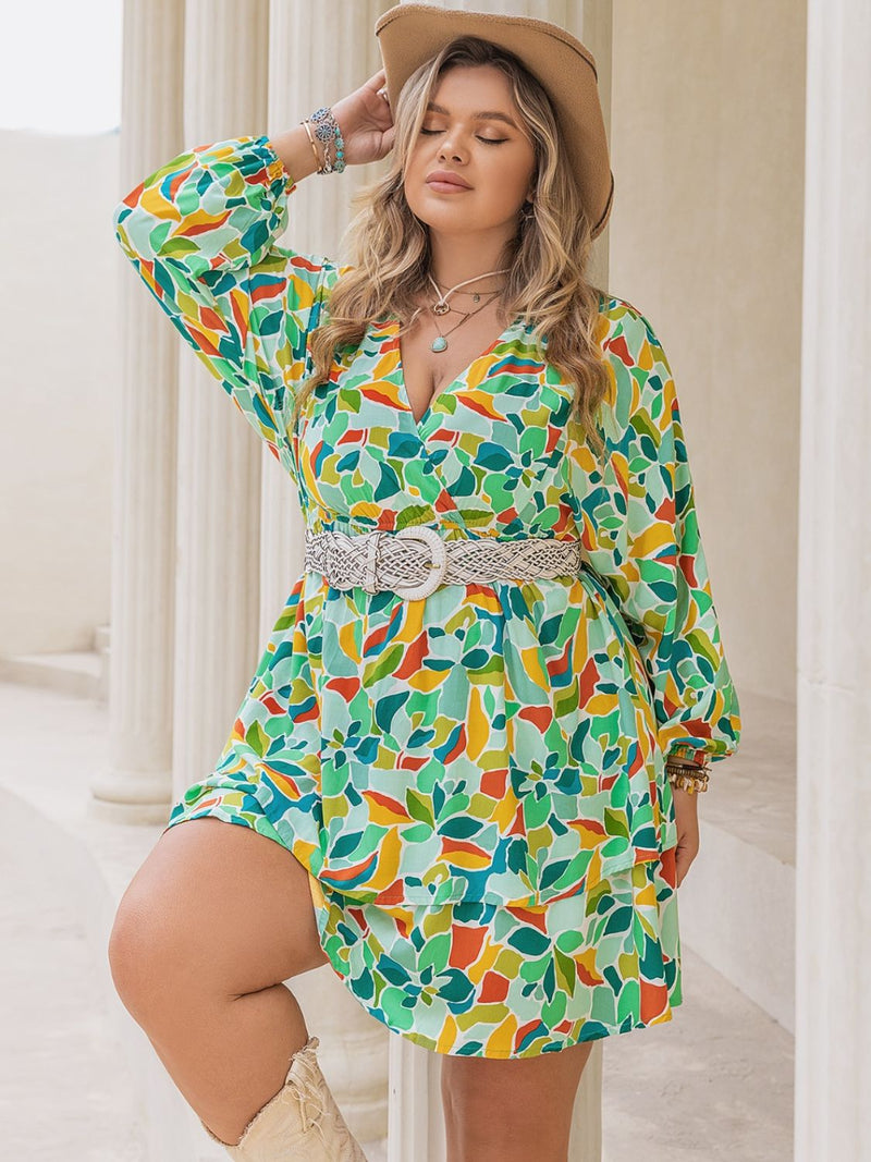 Piper Plus Size Printed Surplice Long Sleeve Mini Dress