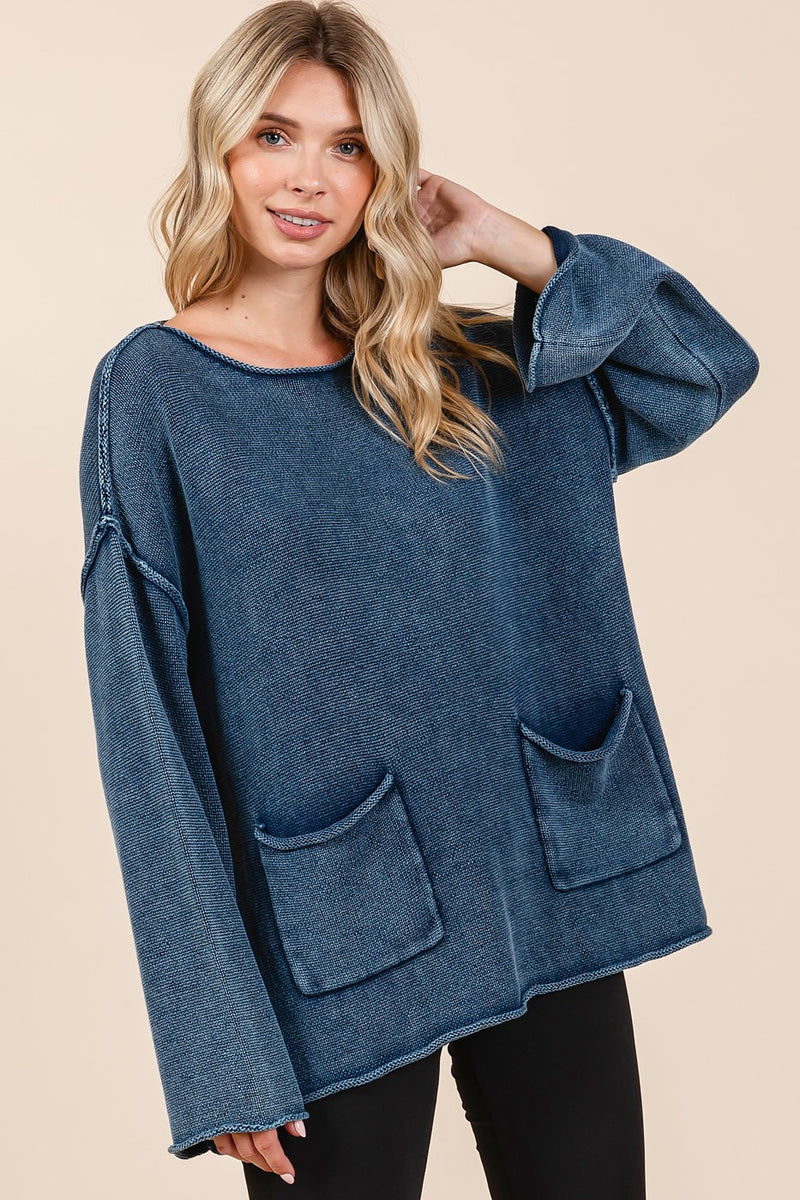 Azaria Mineral Wash Patch Pocket Cut Edge Sweater