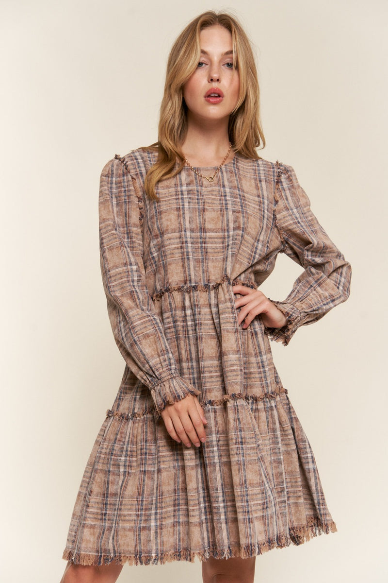 Emersyn Washed Frayed Tiered Plaid Dress