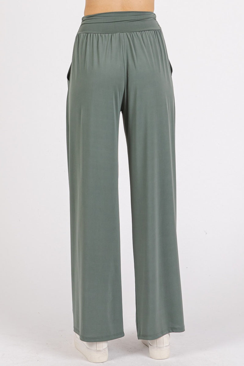 Brittany Stretch Banded Waist Wide Leg Pants with Pockets