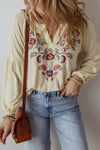 Catherine Embroidered Notched Long Sleeve Blouse