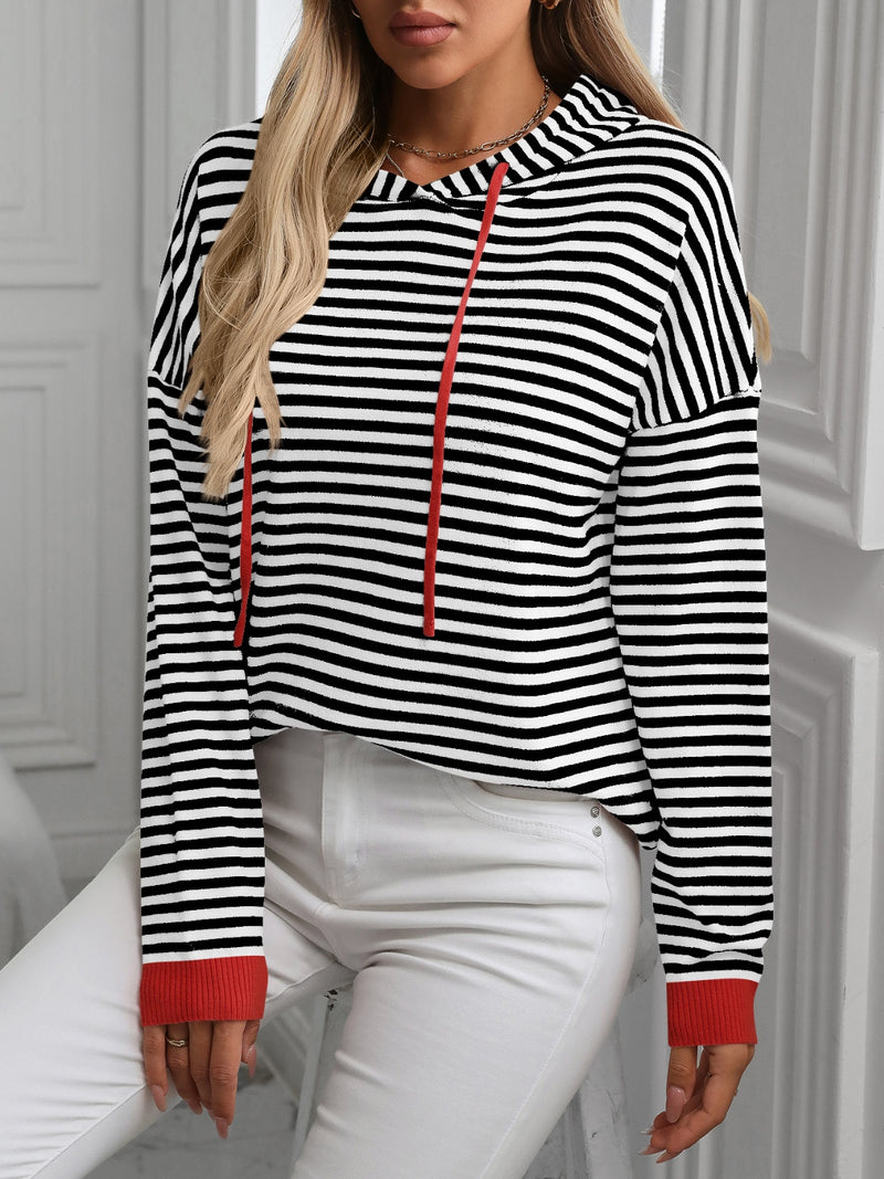 Lena Striped Long Sleeve Hooded Knit Top