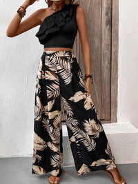 Teresa Ruffled Sleeveless Top and Printed Pants Set