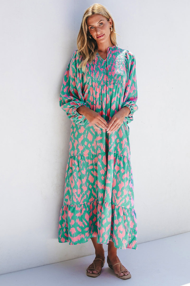 Malaysia Smocked Printed Tie Neck Long Sleeve Dress