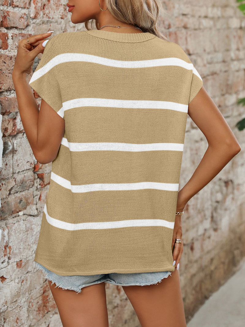 Khalani Striped Round Neck Short Sleeve Knit Top