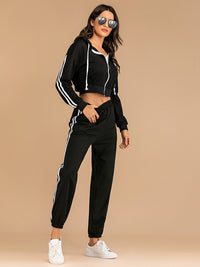 Addilyn Drawstring Side Stripe Zip Up Hooded Top and Pants Set