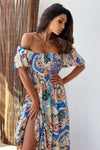 Malaysia Smocked Printed Short Sleeve Maxi Dress