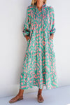 Malaysia Smocked Printed Tie Neck Long Sleeve Dress