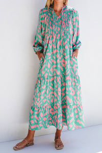 Malaysia Smocked Printed Tie Neck Long Sleeve Dress