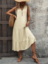 Dani Decorative Button Notched Sleeveless Dress