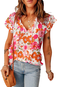 Alexia Floral Tie Neck Flutter Sleeve Blouse