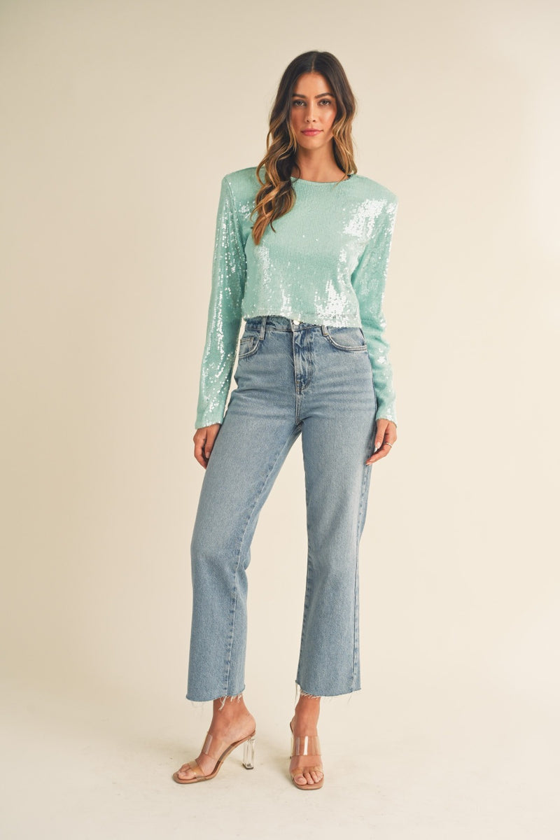 Zariah Shoulder Padded Sequin Crop Top