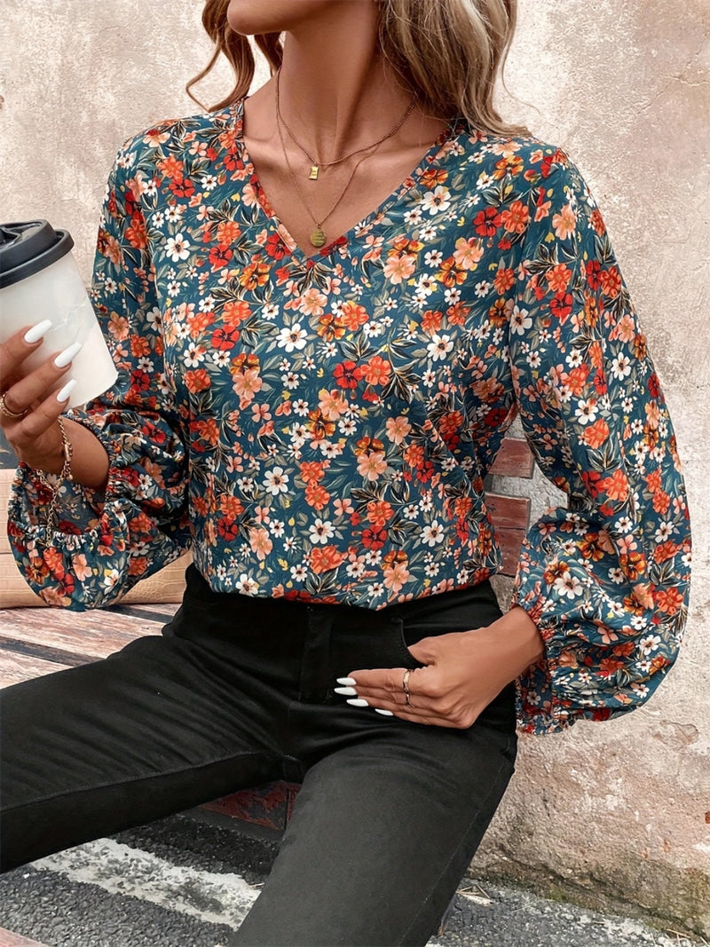 Estella Printed V-Neck Balloon Sleeve Blouse