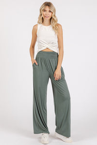 Brittany Stretch Banded Waist Wide Leg Pants with Pockets