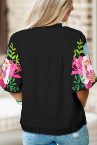 Makenzie Embroidered Notched Puff Sleeve Blouse