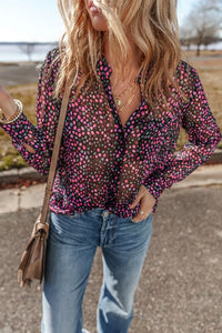 Amora Printed Notched Long Sleeve Blouse