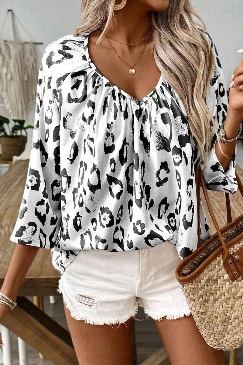 Rylie Leopard V-Neck Three-Quarter Sleeve Blouse