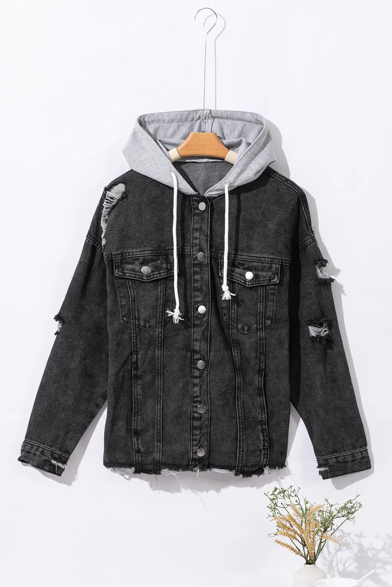 Keira Distressed Drawstring Long Sleeve Hooded Denim Jacket