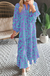 Malaysia Smocked Printed Tie Neck Long Sleeve Dress