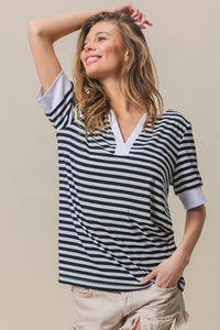 Averi Contrast Striped Notched Knit Top