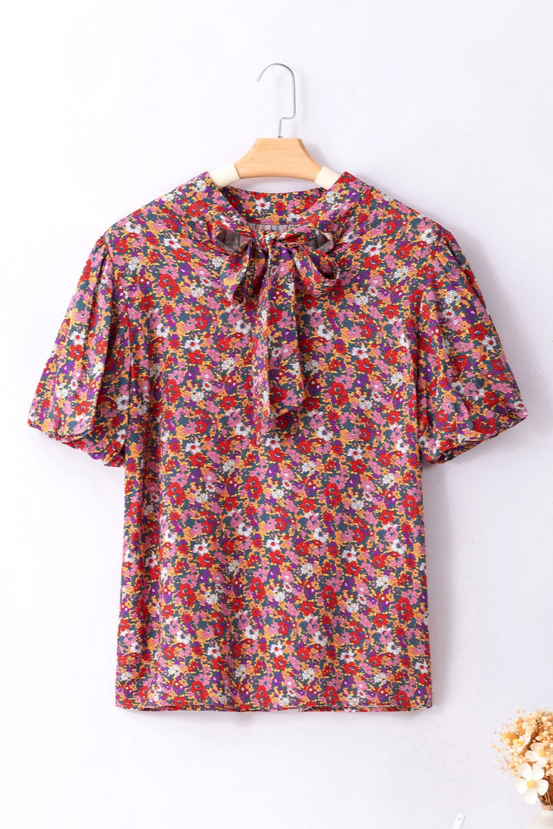 Dream Printed Mock Neck Short Sleeve Blouse