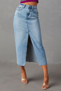 Heaven Slit Raw Hem Midi Denim Skirt