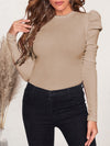 Olive Round Neck Leg-Of-Mutton Sleeve Top