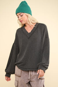 Kelsey Two Tone Ribbed V-Neck Exposed Seam Top