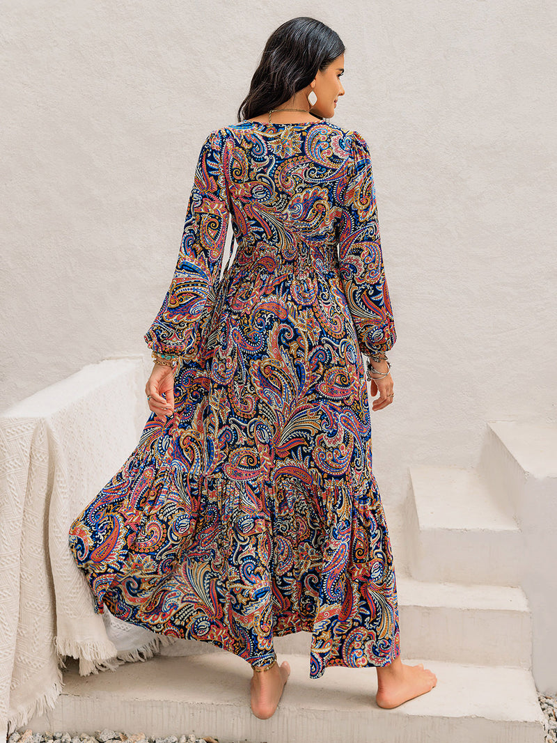 Alia Printed Tie Neck Long Sleeve Midi Dress